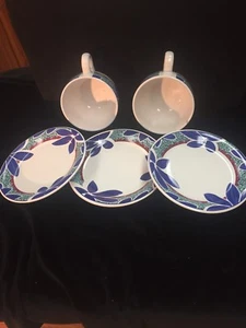 Soup Mugs (2)-24OZ & (3)-Serving Plates In Cobalt Blue Flowers Nice Set GUC - Picture 1 of 12