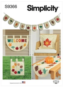 SIMPLICITY 9366 LEAF HOUSEHOLD DECOR Sewing Pattern Cushion Banner Runner - Picture 1 of 8