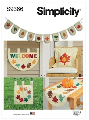 SIMPLICITY 9366 LEAF HOUSEHOLD DECOR Sewing Pattern Cushion Banner Runner - Image 1 of 4