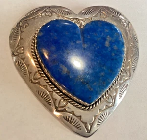 Vintage Joan Slifka Designs Tooled Sterling Heart Lapis Pendant or Brooch - Picture 1 of 6