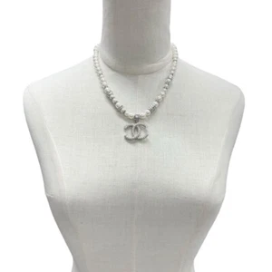 【CHANEL】 CHANEL Necklace Pendant Choker Silver Coco Mark Rhinestone Pearl - Picture 1 of 7