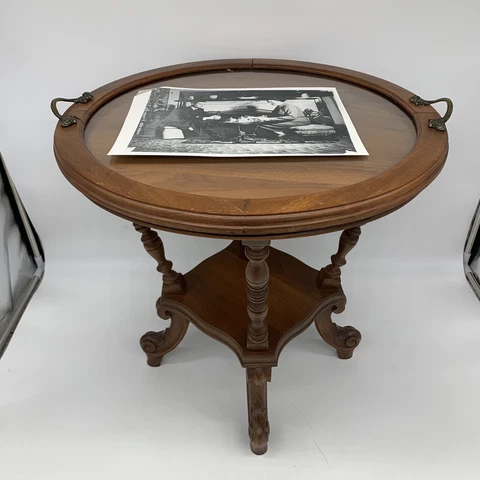 Antique 1910 Hand Made Solid Oak Wood 2 Tier 18" Tea Table w/ Glass Tray Top Cover