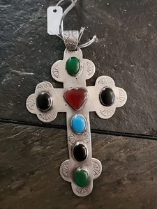 *VINTAGE*  LARGE Taxco Mexico Sterling Silver Multi Gem Cross Pendant Signed  - Picture 1 of 9