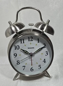 SHARP Twin Bell Quartz Analog Alarm Clock, Silver Brushed Metal,Battery Operated - Picture 1 of 2