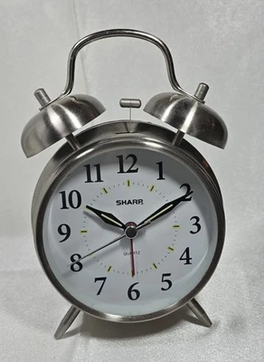 SHARP Twin Bell Quartz Analog Alarm Clock, Silver Brushed Metal,Battery Operated - Image 1 of 2