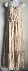 Indigo Rose Women’s Beige Embroidery Boho Hippie Lined Tiered Maxi Dress Large - Picture 1 of 9
