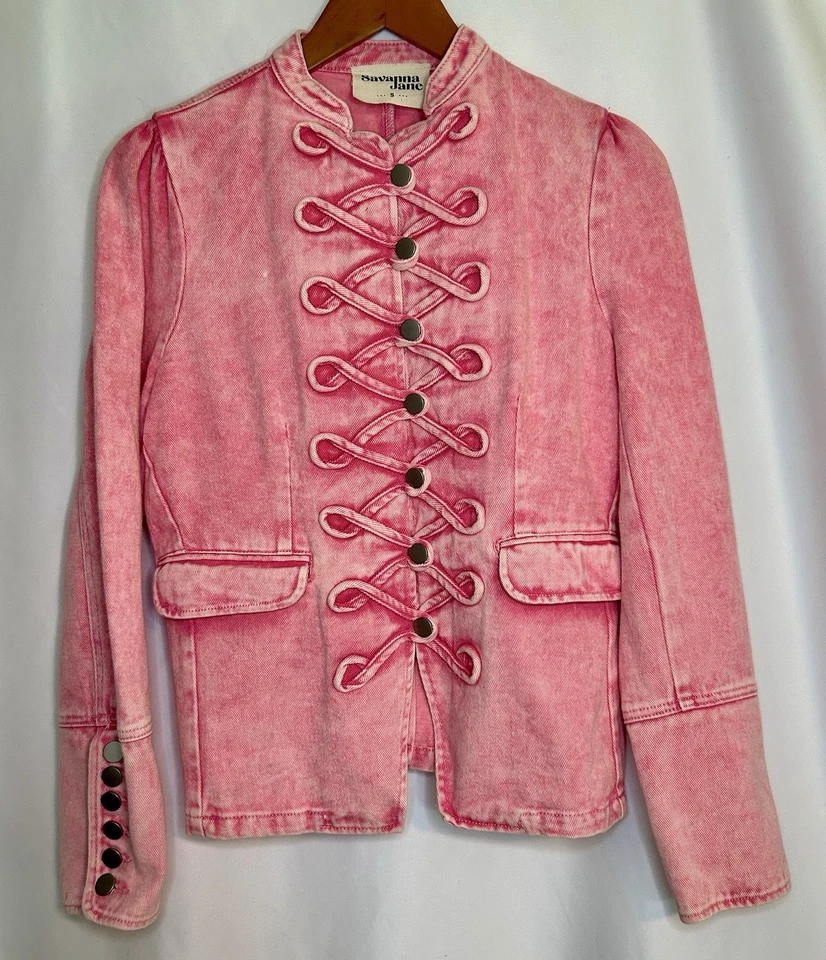 Chaqueta de mezclilla rosa lavado SAVANNA JANE banda estilo militar algodón para mujer pequeña Foto 1 de 4