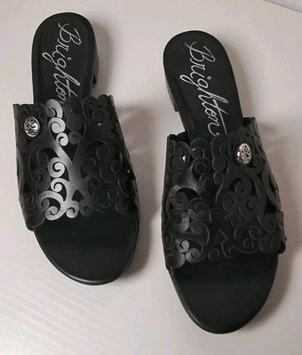 Brighton Women Sz 7.5 Napa Black Leather Slides Scroll Pattern With Silver Studs - Image 1 of 4