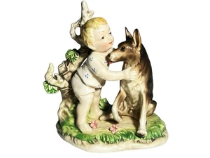 CUTE VINTAGE JAPAN PORCELAIN CHILD HUGGING GERMAN SHEPHERD DOG 4 1/2" FIGURINE - Picture 1 of 12