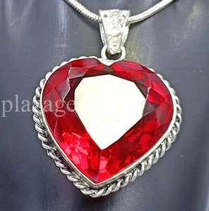 Heart Cut 92.43 Ct Red Ruby Pendant | Natural Gemstone | 925 Silver Chain 5ARY - Picture 1 of 15