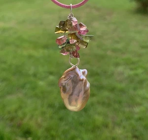 Pendentif en argent, 1 superbe perle baroque d'eau douce et tourmalines - Picture 1 of 16