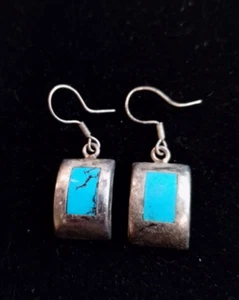 Vintage 925  Mexico Sterling Silver Earrings Inlay Turquoise Blue Stone - Picture 1 of 8