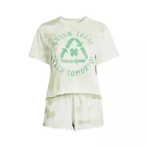 Women's Pajamas XL Green Short Sleeve Set Lounge Top and Shorts 2 Piece Recycle - Picture 1 of 3