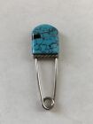 Silver Tone Metal Turquoise & Onyx Inlaid Big Safety Pin Key Chain Brooch