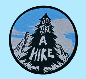 TAKE A HIKE PINE TREE SNOWY MOUNTAINS FUNNY WOVEN ADVENTURE TRAVEL IRON ON PATCH - Picture 1 of 2