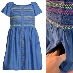 NWT Land's End Girl's Blue Multi Smocked Bodice Button Front Short Slv Dress 16 - Picture 1 of 10