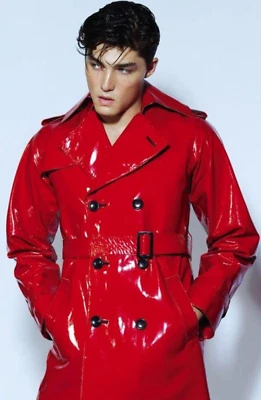 Men's RED PVC Trench Vinyl Shinny Gothic Fashion Coat Waterproof Raincoat - Image 1 of 2