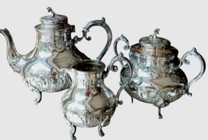 Antique Silver-Plated Tea Service by Victor Saglier – Teapot Milk Jug Sugar Bowl - Picture 1 of 9
