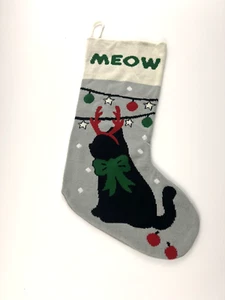 Knit Black Cat Meow Christmas Stocking 20" Lights Bow Antlers Grey Red Cream - Picture 1 of 3