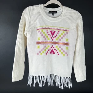 Derek Heart Big Girls' Crew Neck Geometric Print Fringed Hem L-14 Cream - Picture 1 of 4