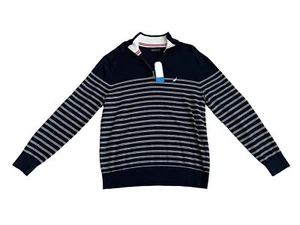 Nautica Langarm Baumwolle Viertelreißverschluss marineblau weiß Streifen Pullover Große L - Bild 1 von 3