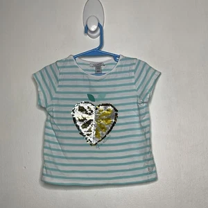 Okaidi Striped Flip Sequin Top Girls Size 4 Yrs Short Sleeve Turquoise Citrus - Picture 1 of 4
