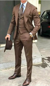 Mens 3 Piece Jacket - Slim Fit Suit - Mens 3 Piece Suit- Mens Fashion-Sky Brown - Picture 1 of 4