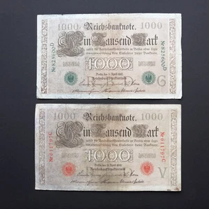 GERMANY 2 X 1000 MARK 1910 P-44a & P-45a -6 digits serial- F/VF - Picture 1 of 2