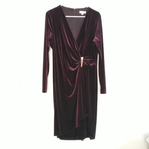 Calvin Klein Faux Wrap Dress 14 Purple Velvet Velour Zip Festive Whimsigoth - Picture 1 of 12