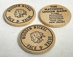 3 fichas vintage de madera de níquel The National Union Bank Blackwell St Dover NJ - Imagen 1 de 3