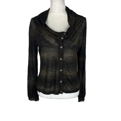 Suéter Mol Knits Mezcla de Lino Marrón Botón Frontal Capucha Cuello Transparente Talla Mediana Foto 1 de 4