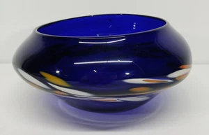 HAND BLOWN SIGNED COBALT BLUE SWIRL CONSOLE BOWL FREE SHIPPING - Picture 1 of 7