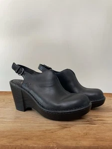 Born Leather Wedge Slingback Clogs Black Chunky Shoes Lagenlook Women's Sz 8 - Picture 1 of 8