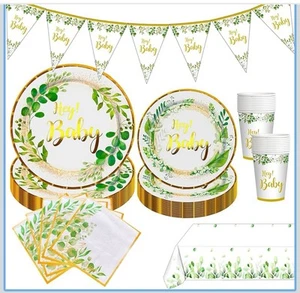 Juego de platos neutros decoraciones baby shower verde salvia para 25 invitados 102 piezas - Imagen 1 de 5