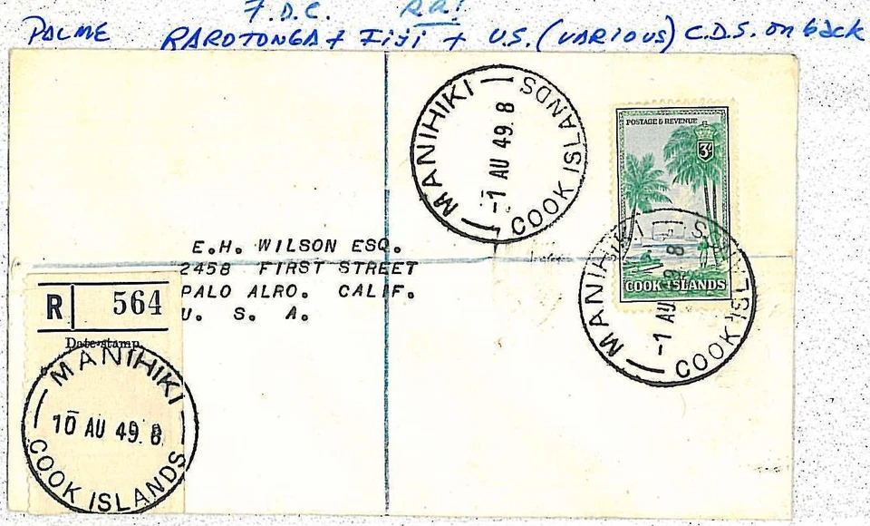 28095 - COOK: POSTAL HISTORY:  REGISTERED FDC COVER to USA 1949 Palm Trees - Image 1 of 1
