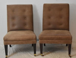 Baker Furniture Tullip & Crown Pair of Club Chairs Tufted Leather Upholstery - Picture 1 of 10