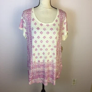 NWT Lucky Brand Tee T-Shirt XL Womans White Pink Boho Linen Blend Short Sleeve - Picture 1 of 17