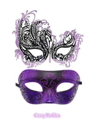 SN-F2-3 Luxury Couples Mysterious Black Purple Venetian Masquerade Masks - Image 1 of 4