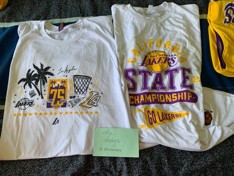 Lot of 2 Los Angeles Lakers 2022-2023 Stadium Giveaway Shirts XL Shaq Playoff 75 Cover