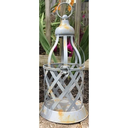 New Primitive Farmhouse LARGE GRAY LATTICE CANDLE HOLDER LANTERN Hanging Lamp - Imagem 1 de 1