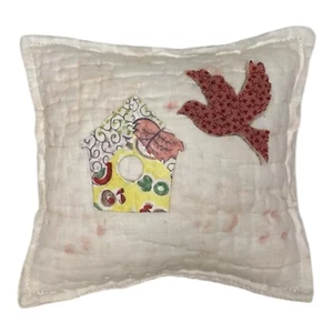 NEW Handmade Bird & Birdhouse Pillow  Vintage English Quilt  Old Chenille  Cute! - Picture 1 of 9