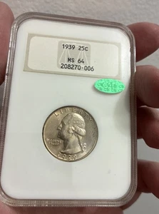 CAC 1939 P Washington Quarter MS64 NGC 25c CACG Green Bean Sticker Cac Grading - Picture 1 of 13