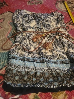 NUEVO CON ETIQUETAS DE COLECCIÓN Rue 21 Azul Blanco Cinturón Mini Vestido o Camisa Túnica Sin Mangas M Mujer Foto 1 de 4