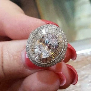 Anello di fidanzamento vintage vintage cocktail taglio ovale 4 carati finitura oro bianco 14K - Foto 1 di 7