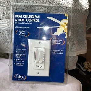 Litex Dual Ceiling Fan & Light Control W/ Dimmer, Model WM-7, White, New Sealed - Picture 1 of 2