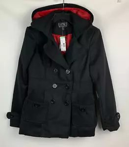 Outer Edge Hooded Pea Jacket Black Double Breasted Pockets Lined Size M NEW - Picture 1 of 10