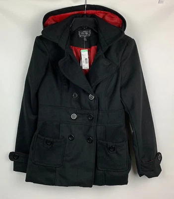 Outer Edge Hooded Pea Jacket Black Double Breasted Pockets Lined Size M NEW - Image 1 of 4