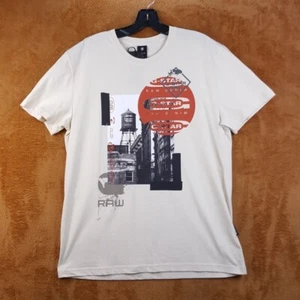 G STAR RAW Mens Shirt Small Tan Pullover Crew Logo Building Graphic Tee - Picture 1 of 8