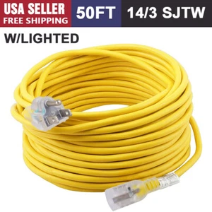 50 Fuß Outdoor Verlängerungskabel mit beleuchteten Enden SJTW 14/3 AWG strapazierfähig (gelb) - Bild 1 von 5