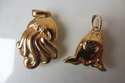 Pierre Lang , 2 schöne Anhänger , Krake + Seelöwe , vergoldet mit Steinen - Bild 1 von 4